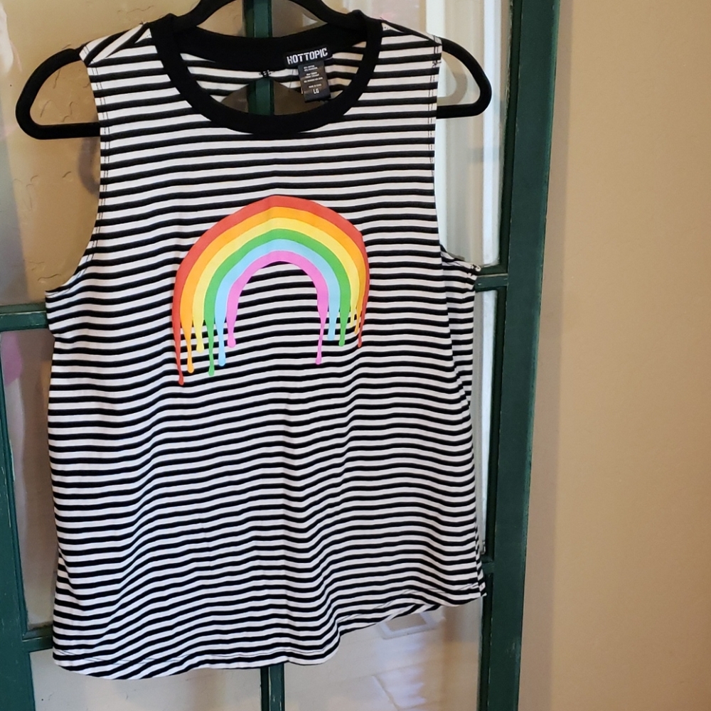 Hot Topic L B&W striped tank w/rainbow&open back